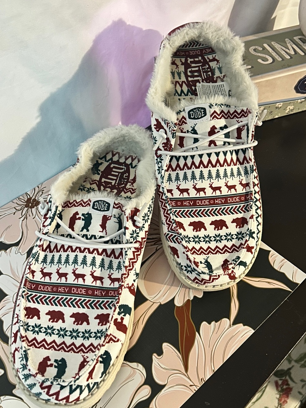 Hey Dude Holiday Pattern Faux-Fur Slip-Ons - Red, Green & White - Picture 5 of 5